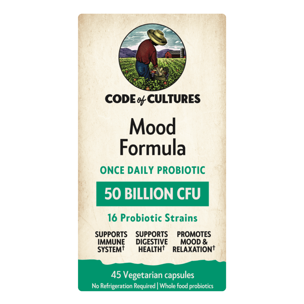Probiotic supplement package with 'Code of Cultures' branding on a white background