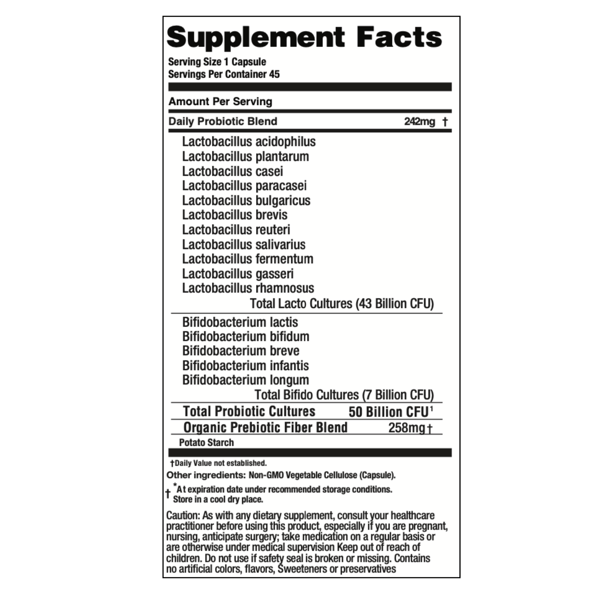 Supplement facts label for a probiotic blend on a white background