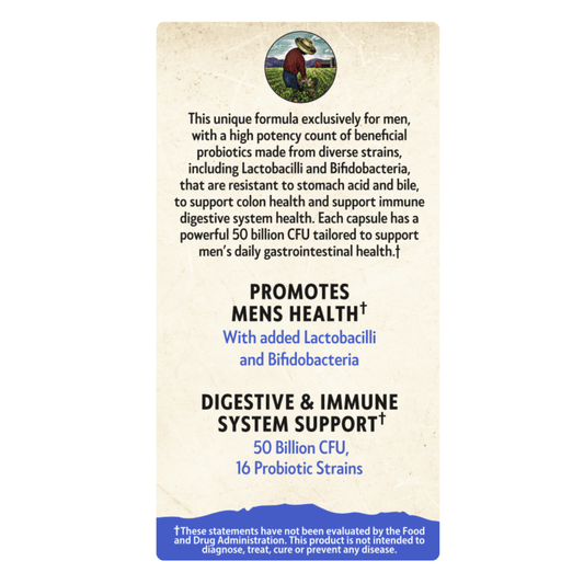 Product packaging for men's health supplement with text and logo on a white background