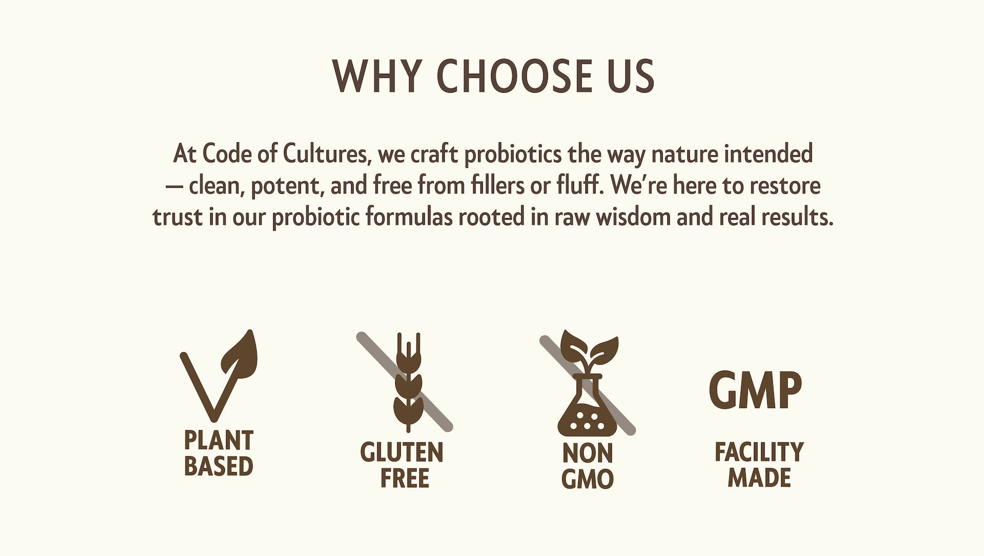 Promotional text and icons about Code of Cultures' probiotic products on a white background.
