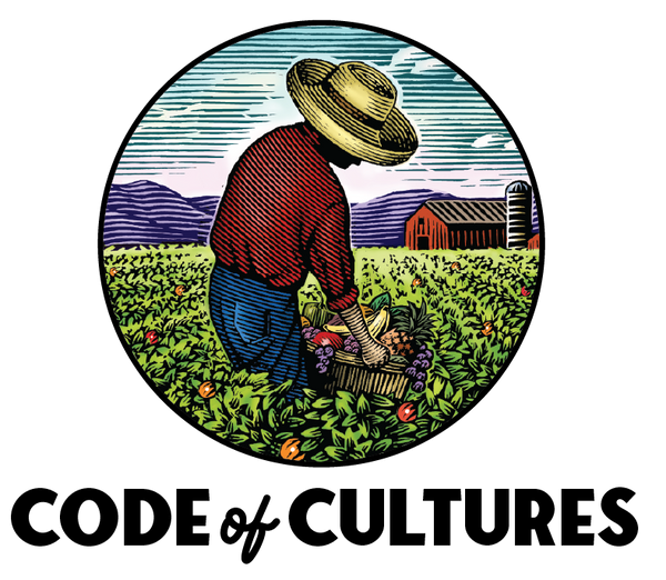 Logo of 'Code of Cultures' with a farmer in a field and barn in the background.