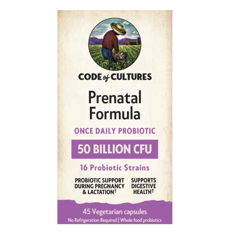Package of Code of Cultures Prenatal Formula probiotic supplement on a white background